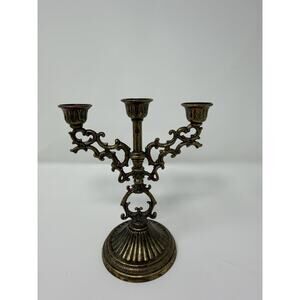 Vintage Brass Italian Mini Ornate Candelabra 5" Tall Rococo 3-Arm Candle Holder